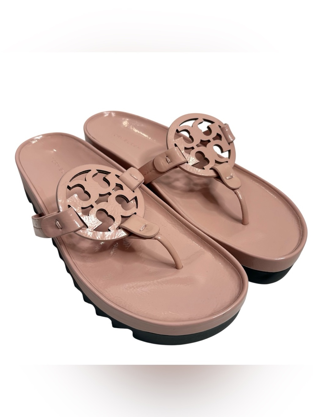 TORY BURCH Miller Cloud Lug Neutral Blush Logo-Detail Thong Sandals NWT $260